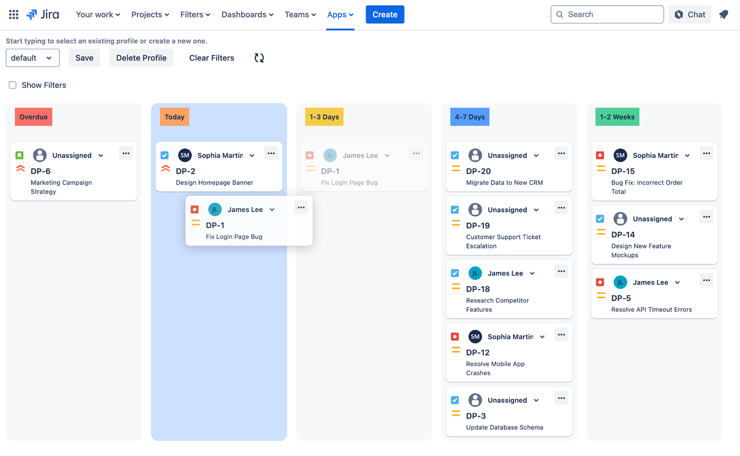 Drag and drop Jira tickets between columns to easily adjust due dates in Jira
