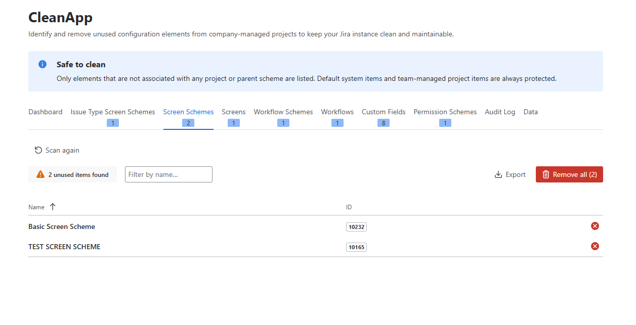 A results table listing unused Screen Schemes with name, ID, and individual Remove buttons for each item. A Delete All option is available for batch operations.