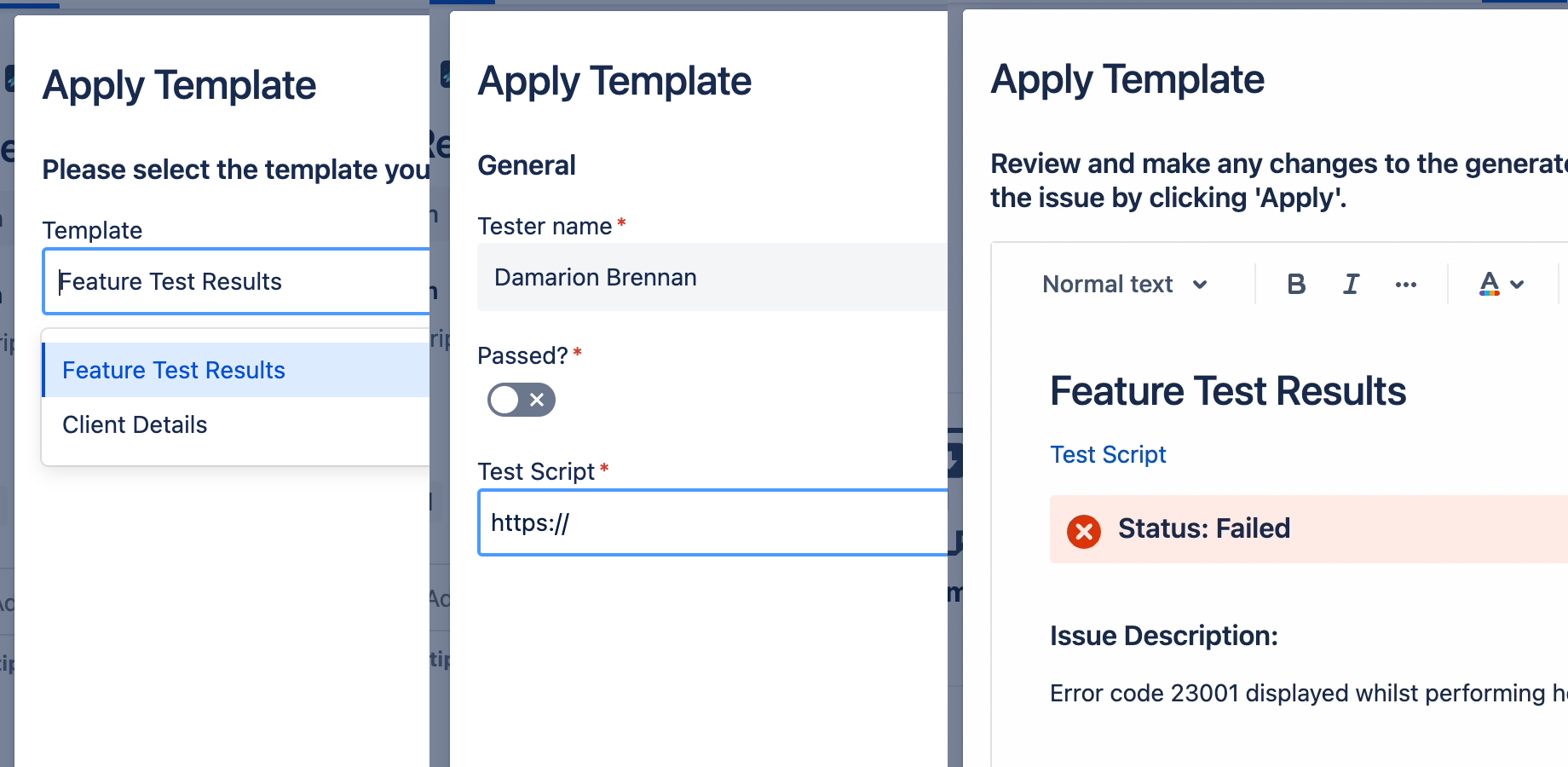 Applying a Markdown template to an issue to create a comment.