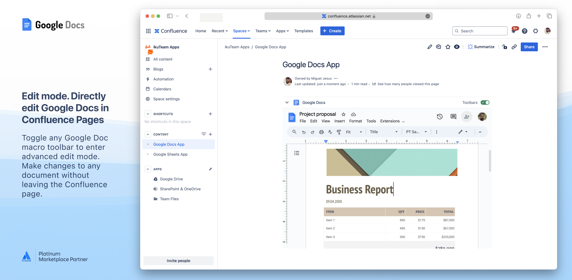 Edit mode. Directly edit Google Docs in Confluence Pages