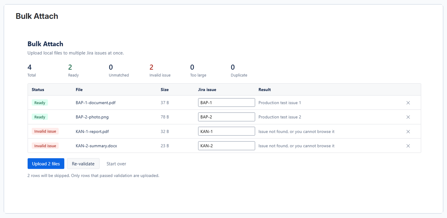 Smart Mapping identifies valid targets and clearly flags unmatched or invalid Jira issues before anything is uploaded