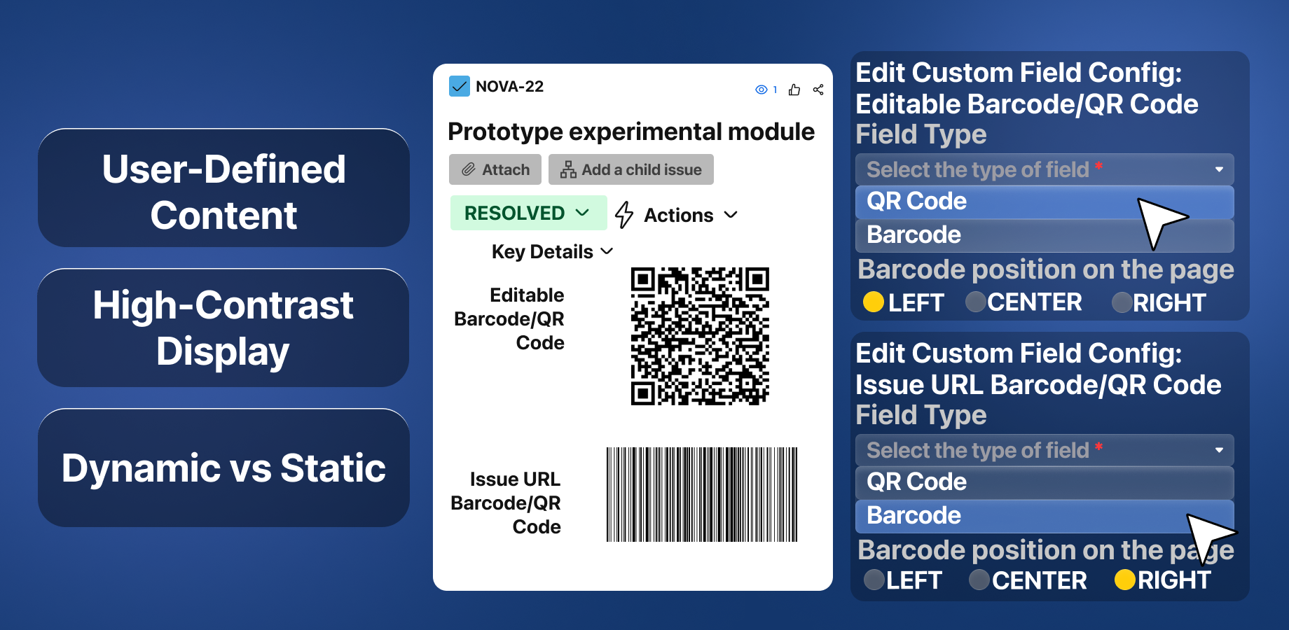 Field type and position configuration with live preview on the issue.
