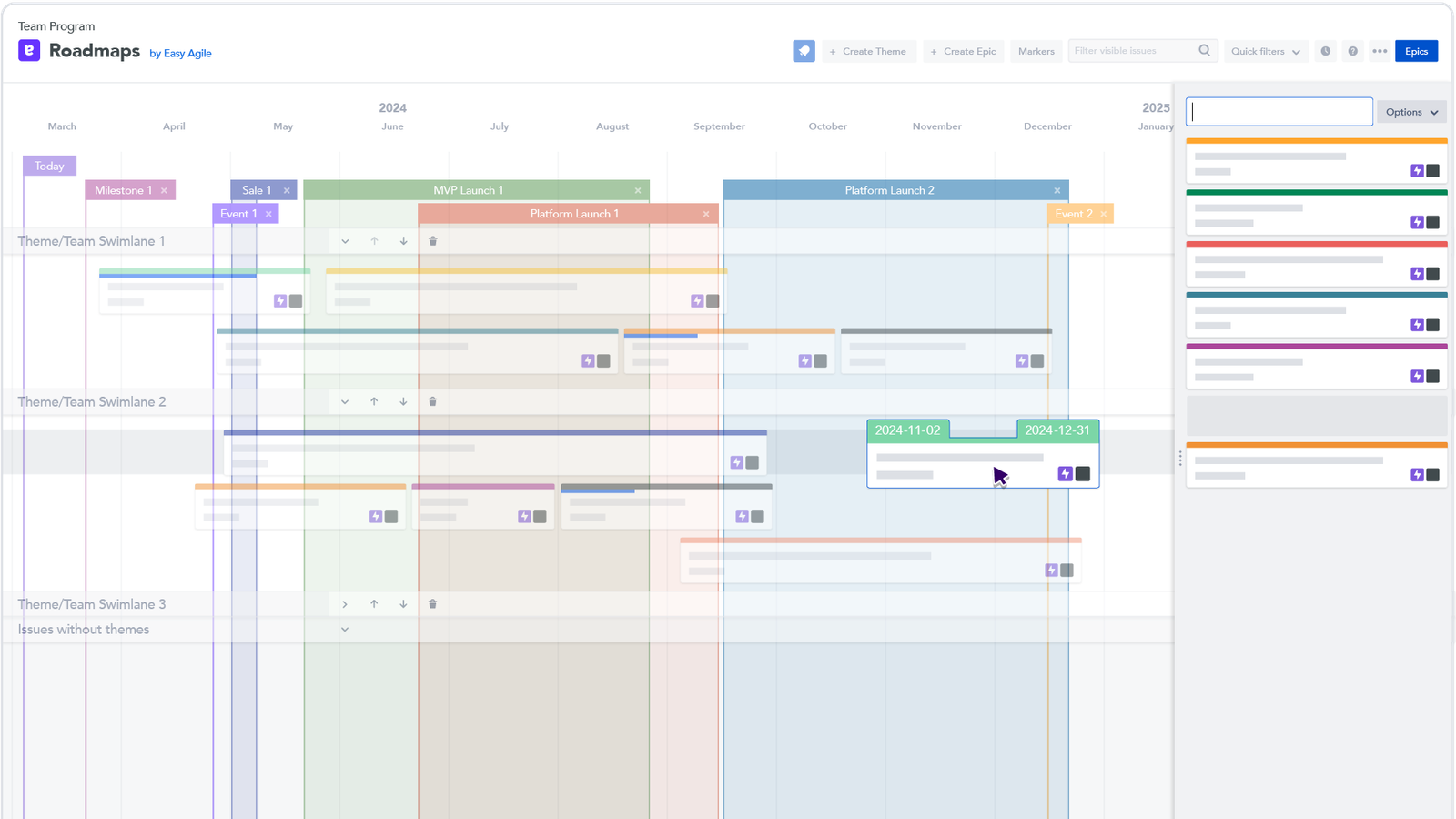 Drag and drop any Jira issue type from the issues panel, onto the timeline to show when the work will begin/end work on that issue ​