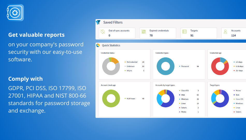 Get valuable reports on your company's password security with our easy-to-use software. Comply with GDPR, PCI DSS, ISO 17799, ISO 27001, HIPAA and NIST 800-66 standards for password storage and exchange.