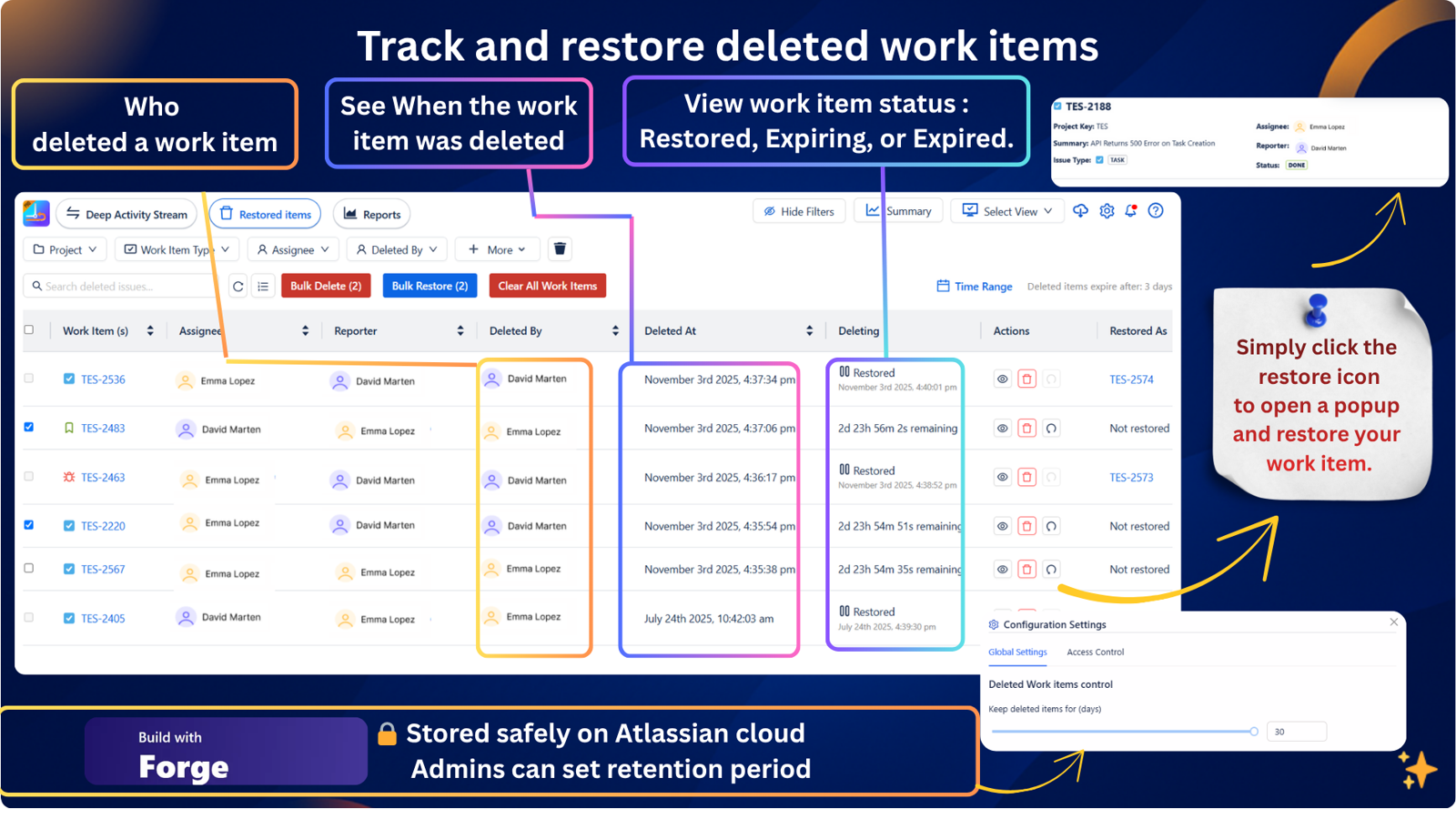 Shows how admins can view and restore deleted Jira issues with full details of who deleted them and when, ensuring nothing important is ever lost.