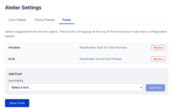 Space Settings Fonts tab: curate up to 30 suggested fonts that appear at the top of the font picker in every macro config panel across the space.