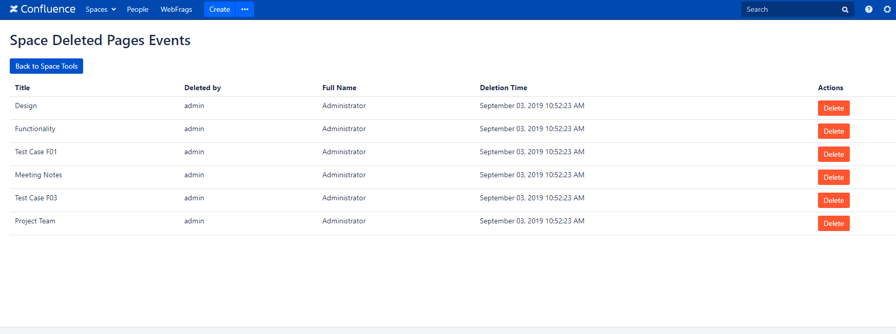 View deleted pages information in a space