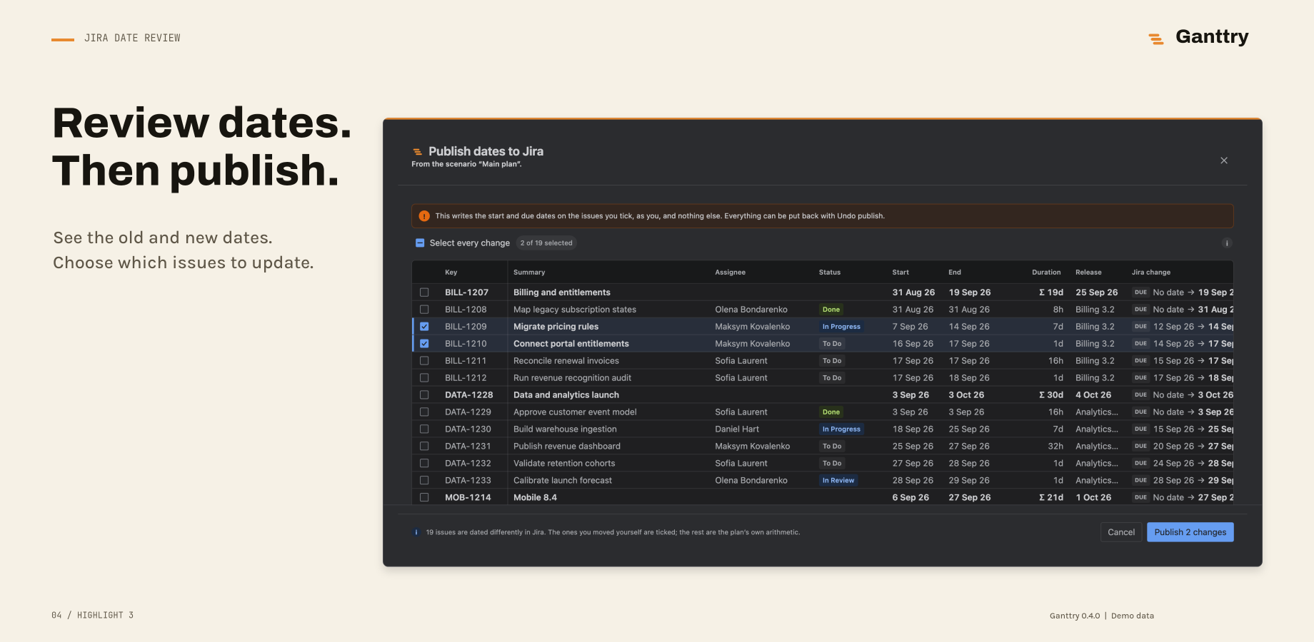 Date review showing selected Jira issues, their current and proposed dates, and a separate Publish action.