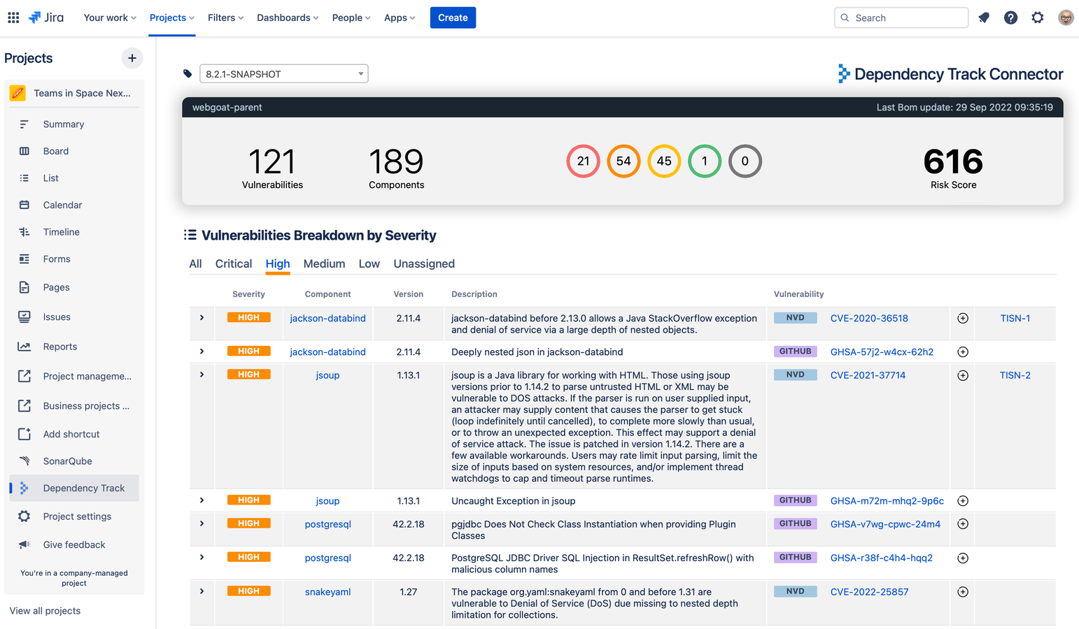 Components, vulnerabilities and risk score