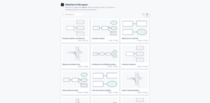 The Sketch section of a space: every diagram as a tile drawn from its own geometry, with the /sketch hint for adding one to a page.