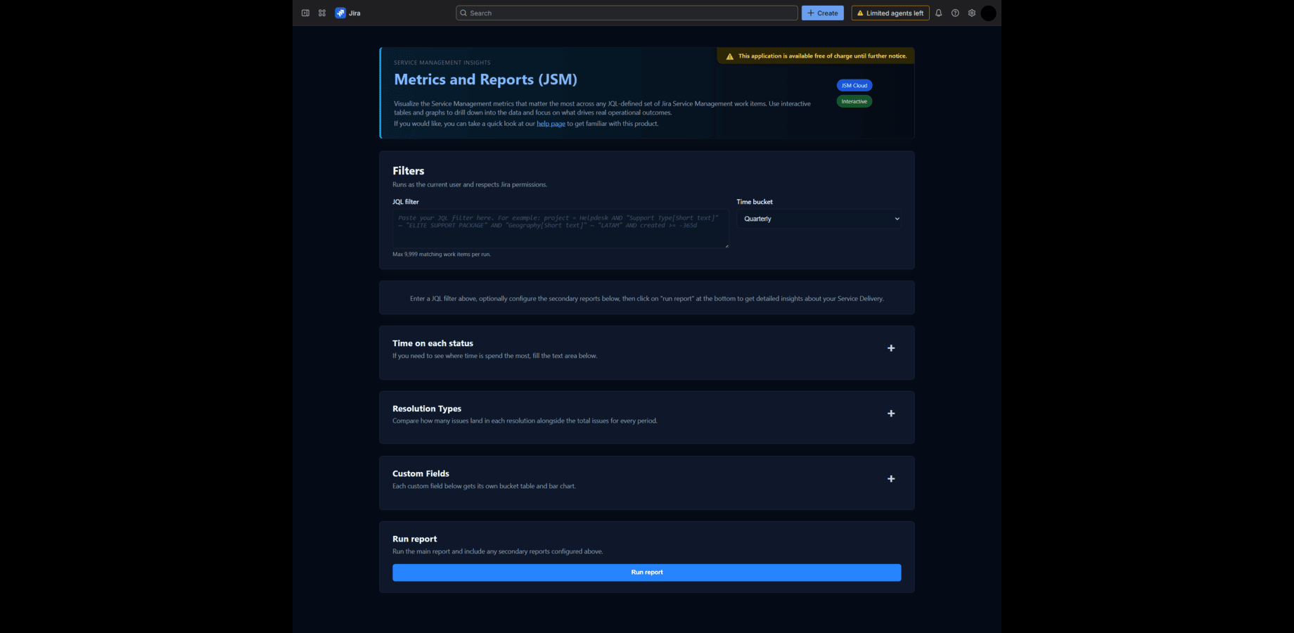 Solverox Metrics and Reports app screenshot where you can provide the JQL filter to produce essential service / support quality metrics for JSM - Jira Service Management.