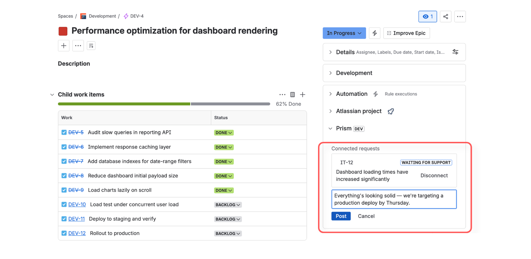 Dev posts a quick update from their Jira ticket — customer sees it instantly on the portal