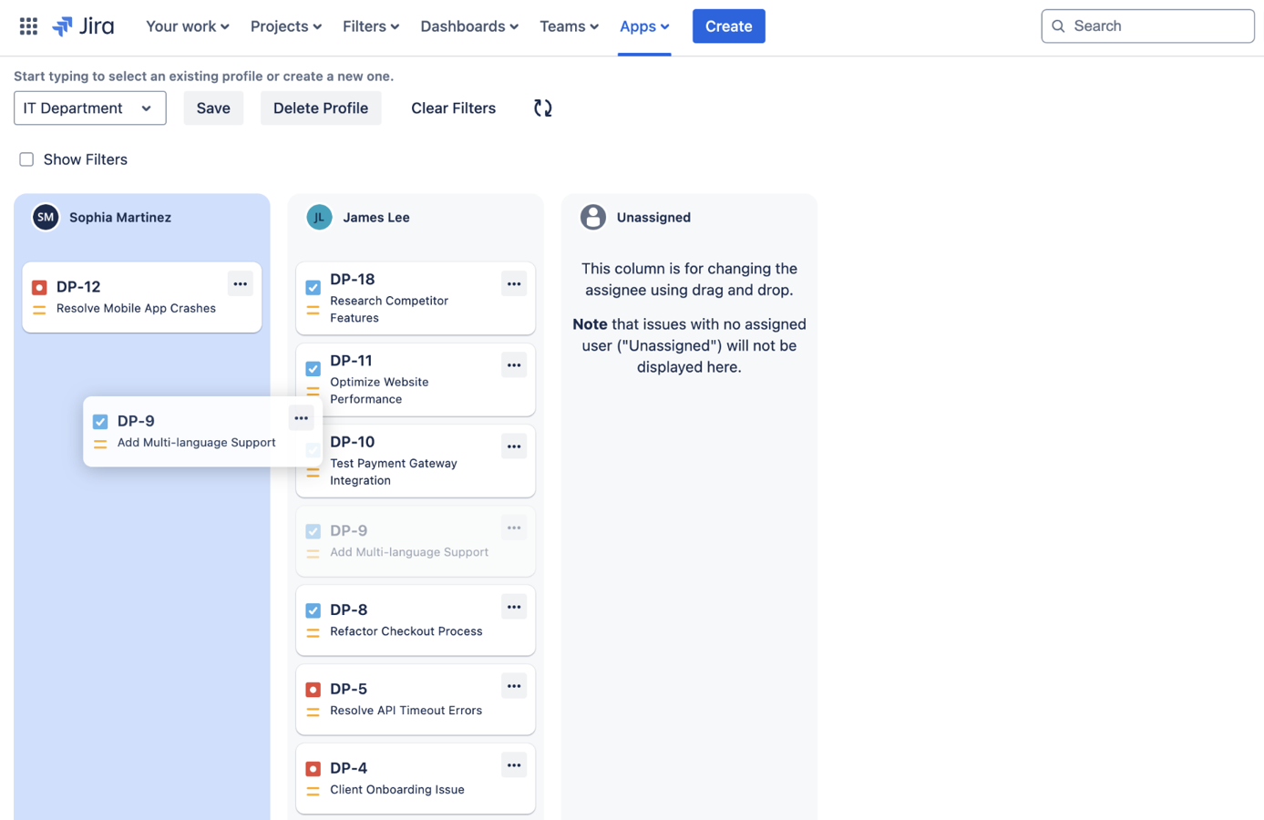 Drag and drop Jira tickets between users to balance workloads and improve team efficiency in Jira.