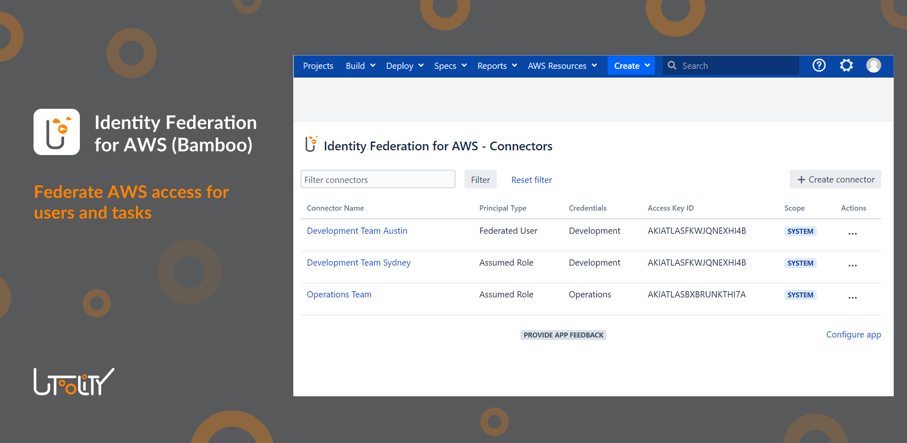 Overview of configured connectors (mapping of AWS accounts to Atlassian groups with optional permission restrictions based on IAM policies).
