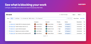 See what is blocking your work. LinkTypes = "is blocked by" lists in-progress issues waiting on a blocker. LinksCount and LinksIssues search by number of links or by a linked issue key.