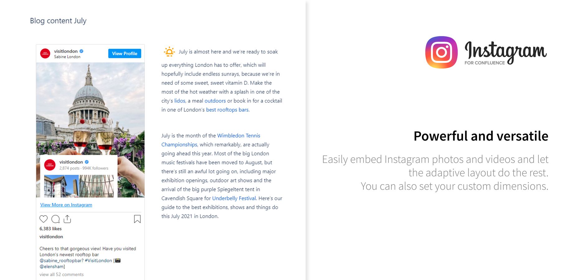 Easily embed Instagram photos and videos and let the adaptive layout do the rest.
You can also set your custom dimensions.