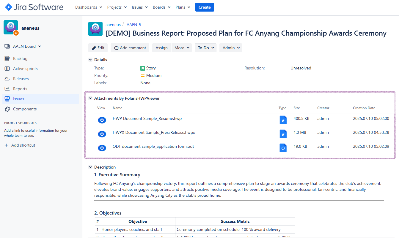 Polaris HWP Viewer In Jira Issue panel