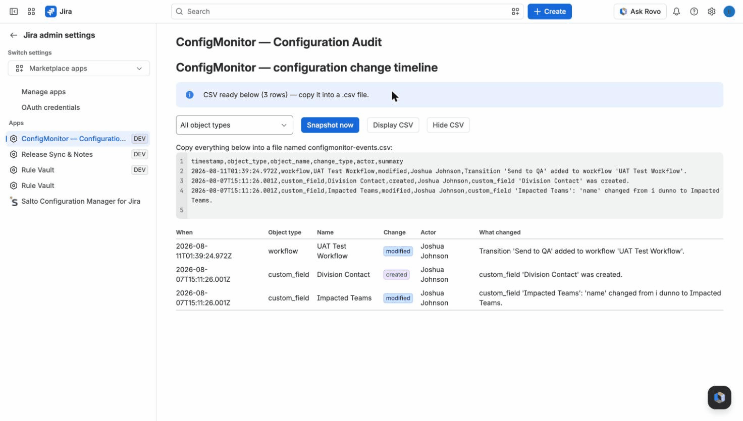 Filtered change history exported as CSV: every row carries the timestamp, object, change type, actor, and plain-language summary — ready to attach to an audit response.
