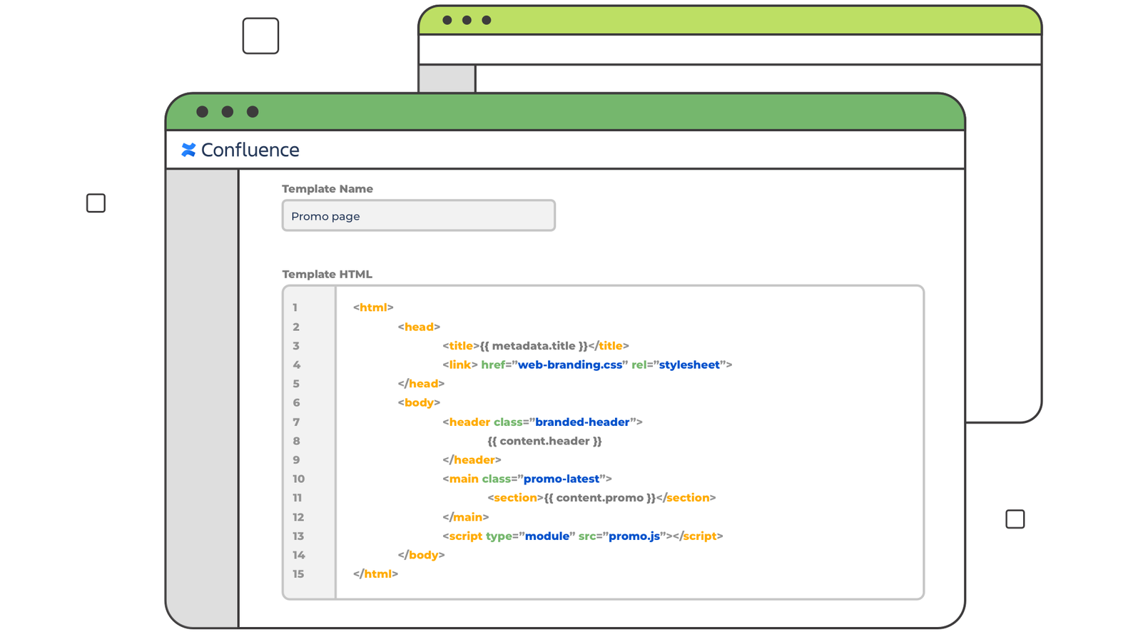 HTML template that links to a website’s scripts, stylesheets and static assets. Includes variables to insert metadata and content sections.