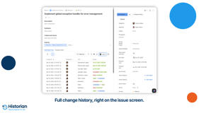 Historian’s Field-Based View embedded in a Jira issue screen, listing chronological field changes for a single work item with old and new values, changed-by user, and timestamp for each update.