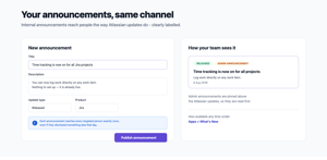 The announcement form and the result: your notice pinned above the Atlassian updates and labelled Admin announcement, so people can tell it apart at a glance.