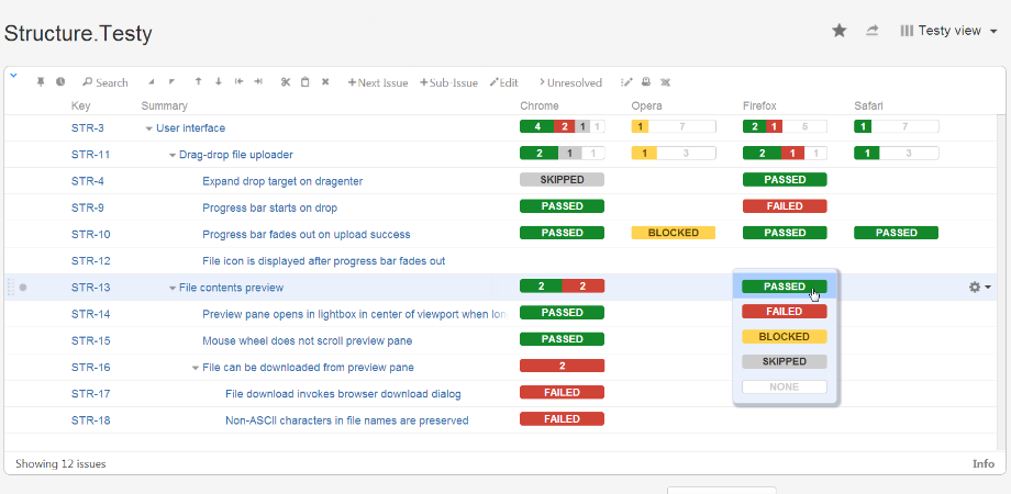 Set test results inline directly in the Structure grid