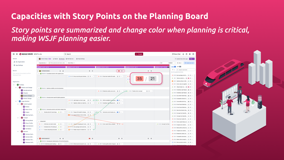 Capacities with Story Points on the Planning Board.
Story points are summarized at the top of the Planning Board and change color when planning is critical, making WSJF planning easier for you and your organization.