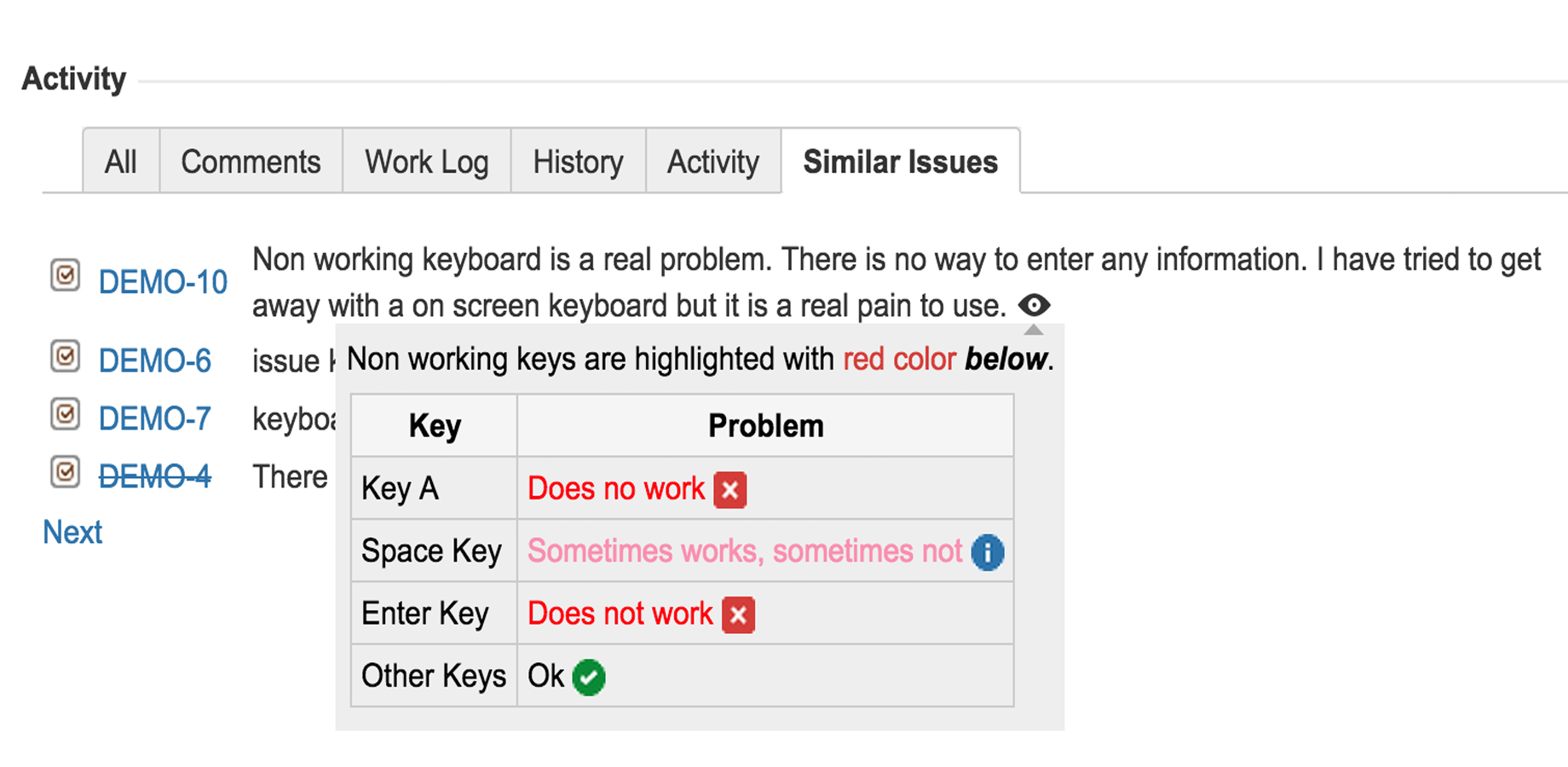 While viewing an issue just click on Similar Issues Tab to see issues similar to the current one.