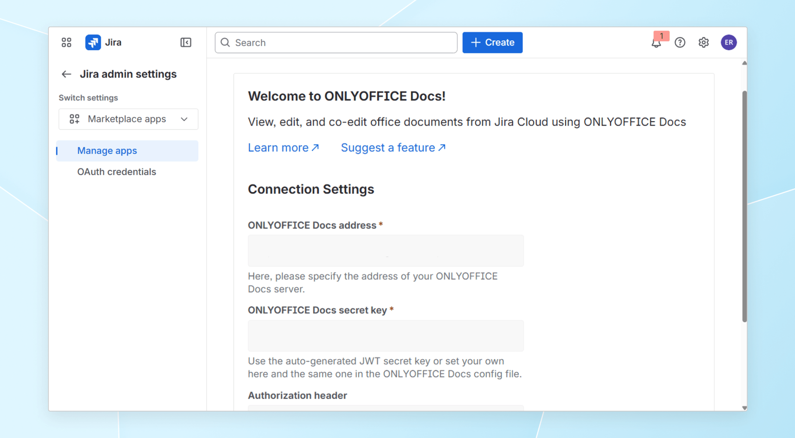 In this screenshot, you can see the configuration page of ONLYOFFICE Docs within Jira Cloud.