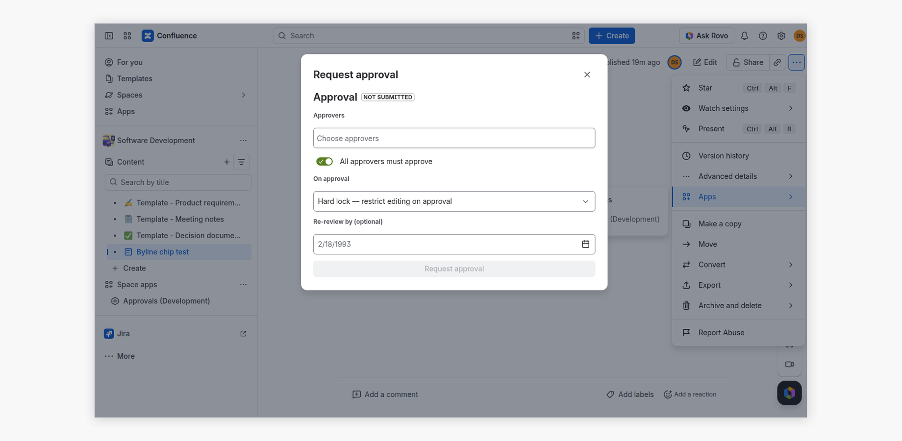 The request approval dialog with approvers, the quorum toggle, lock mode and an optional re-review date.