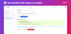 Every run shows exactly what it created: issue count, how many issues moved to their target status and a reusable seed. Open the new issues in Jira, export them to CSV or delete the run right away.