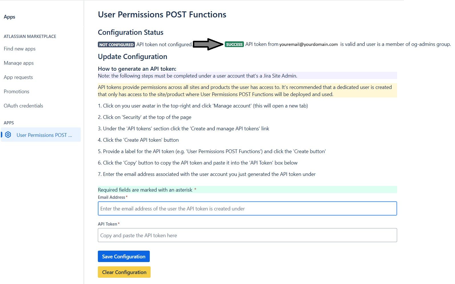 Screenshot of the global app settings where an API token is specified, tested and stored for use by the POST function to add or remove users from groups.