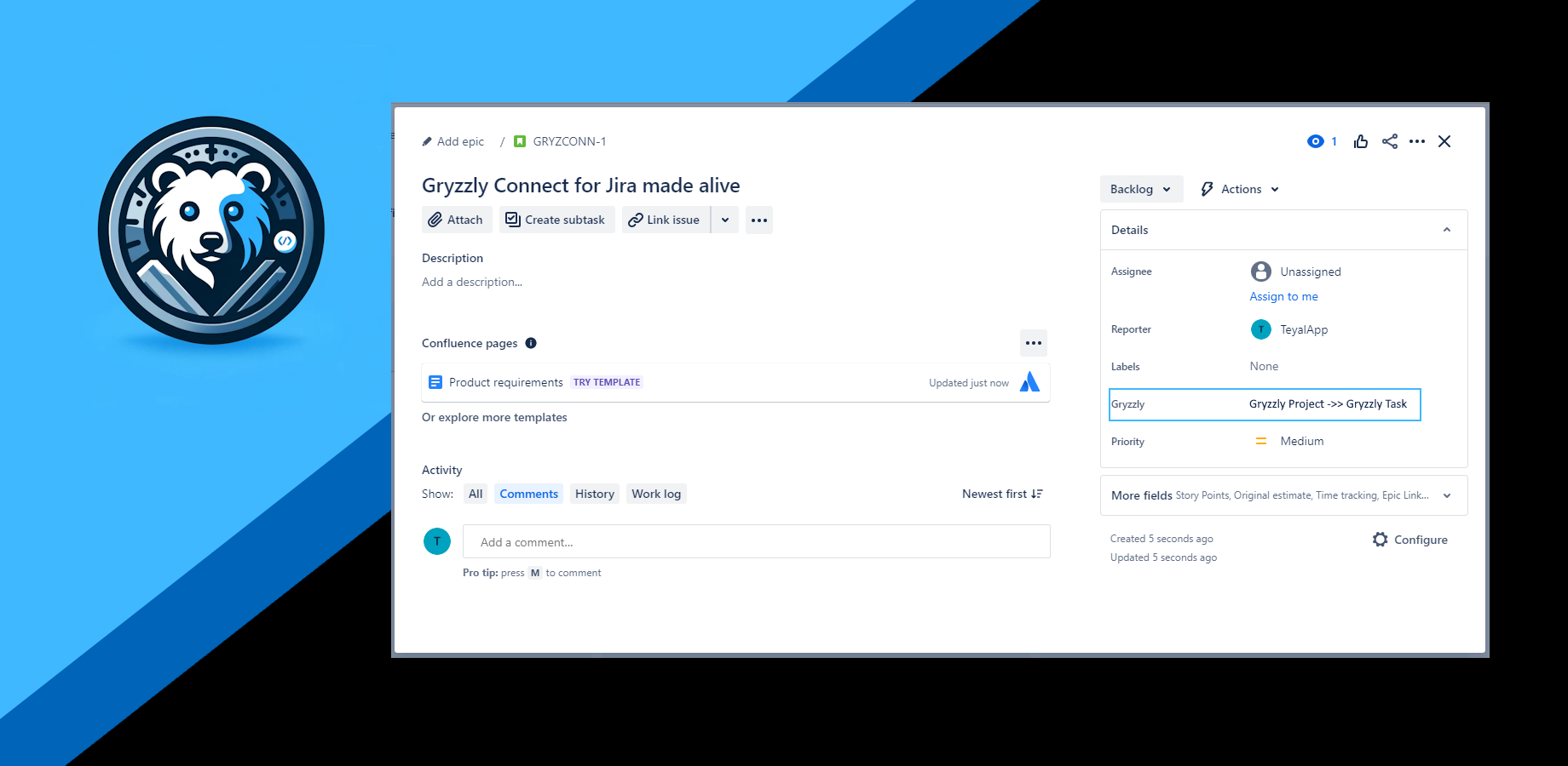 ​Assign a Gryzzly task to log time in in your issues