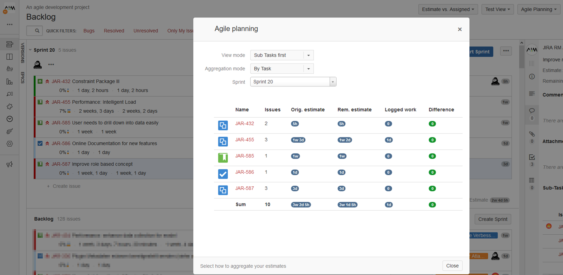 Sum up estimates for issues and / or sub-tasks!