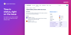 Time in status durations on a support issue: Time in In Progress, Time waiting on customer, Time waiting on support and Time in Escalated, all in the issue details panel.