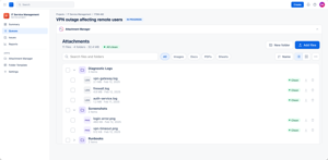 List view with nested folders on the Jira issue Diagnostic Logs, Screenshots, Runbooks. Every file shows size, date and scan status, with bulk-select, download and delete inline.