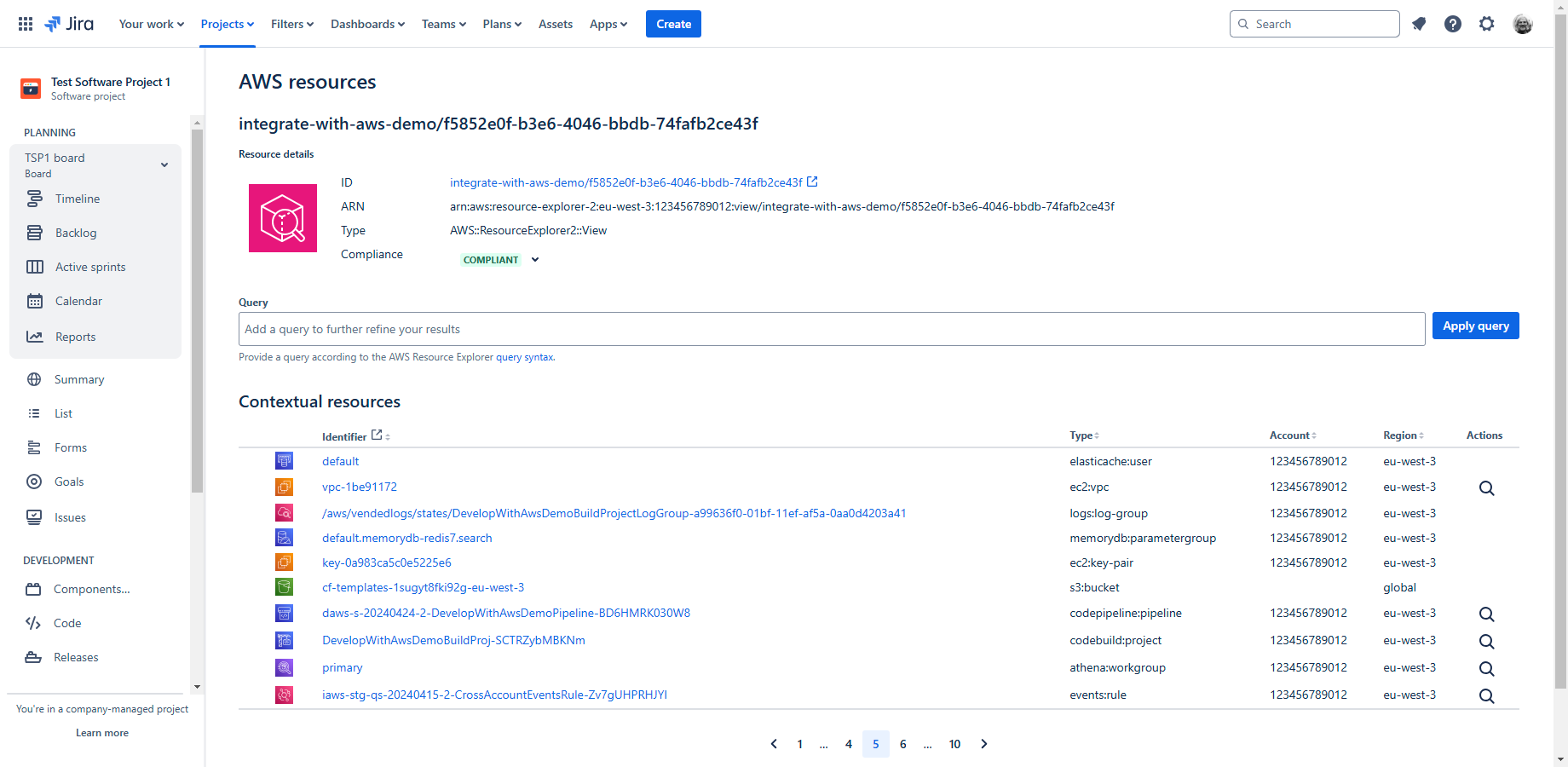 Jira project with 'AWS resources' page