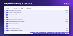 Step 1 of bulk commenting: filter Jira issues by project or status, sort by updated, ticket key or summary, and select up to 25. The tray along the bottom lists every ticket picked — drop any with the ×.