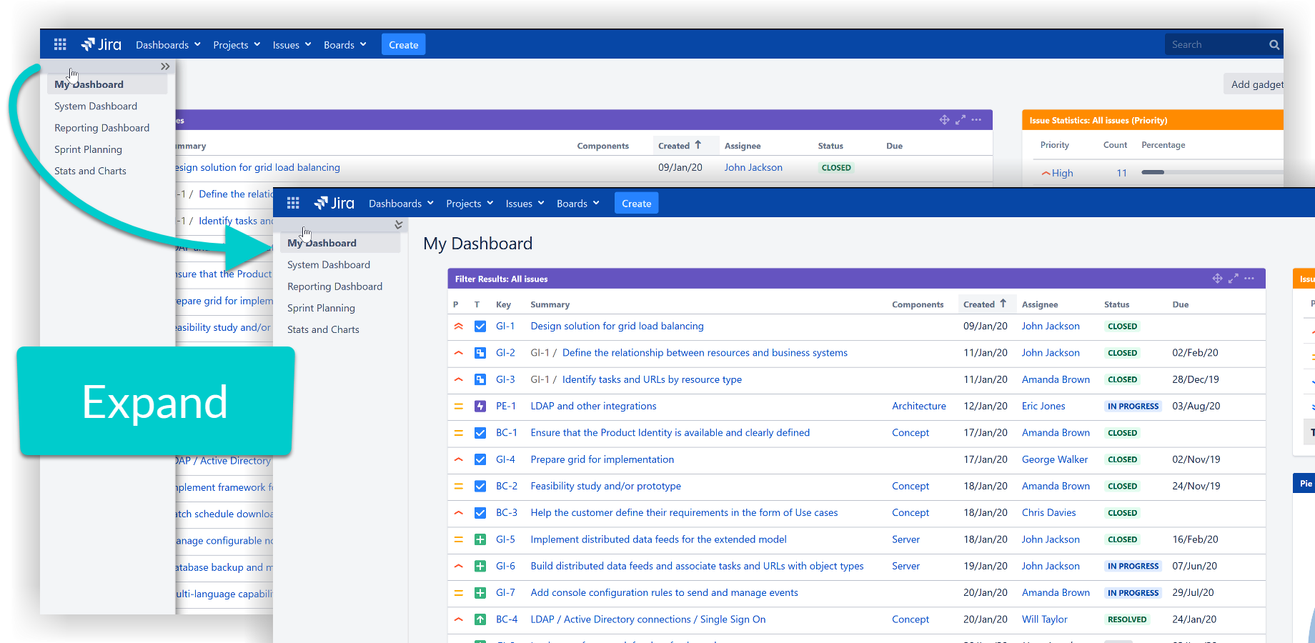 Another click docks the favorite dashboards sidebar.