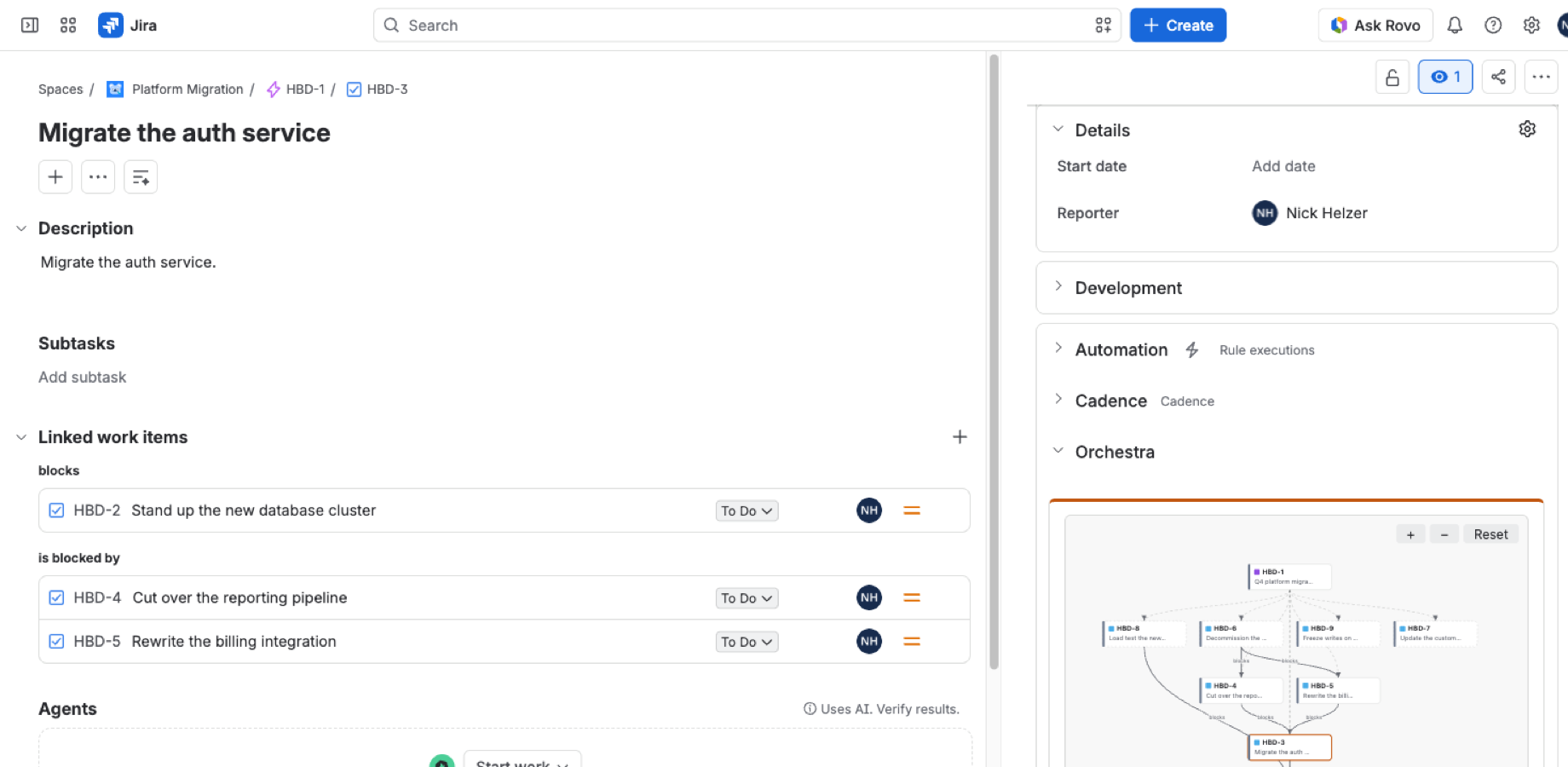 The Dependencies panel on a work item showing its place in the blocking chain