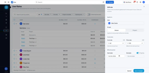 Edit a rate: choose Global or one project, enter cost and price per hour, and set the dates. Demo data.