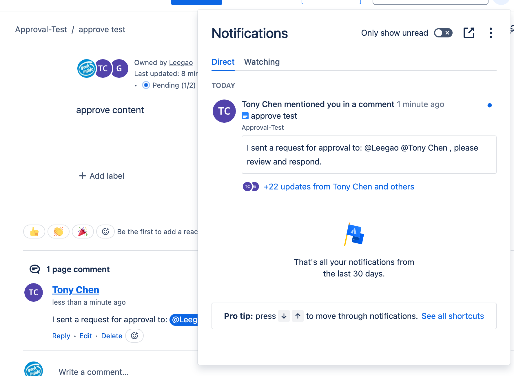Users can view the approval request in the notification center and email.