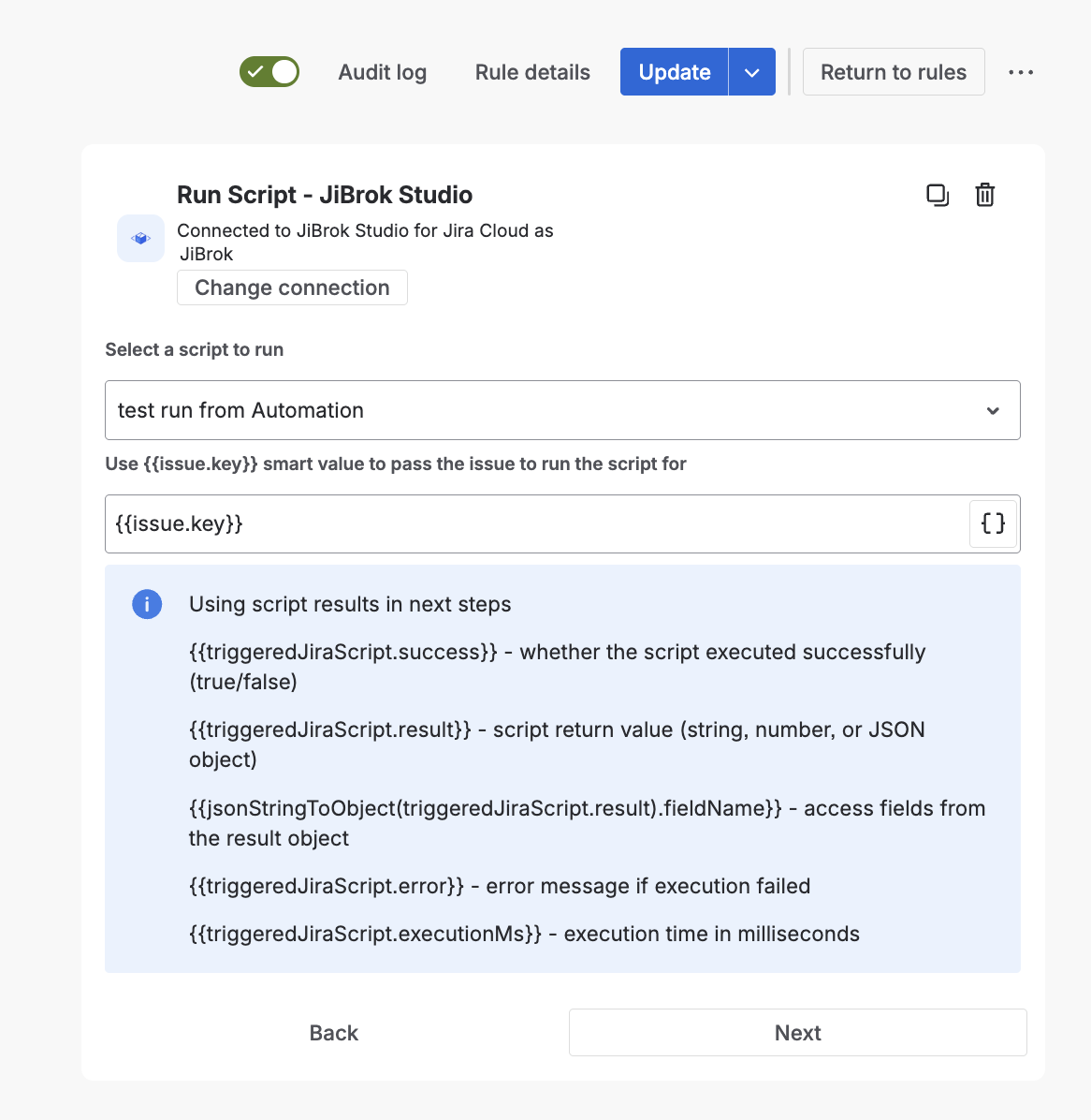 Jira Automation action configuration with script selection, issue context binding, and smart values reference for using script results in next steps