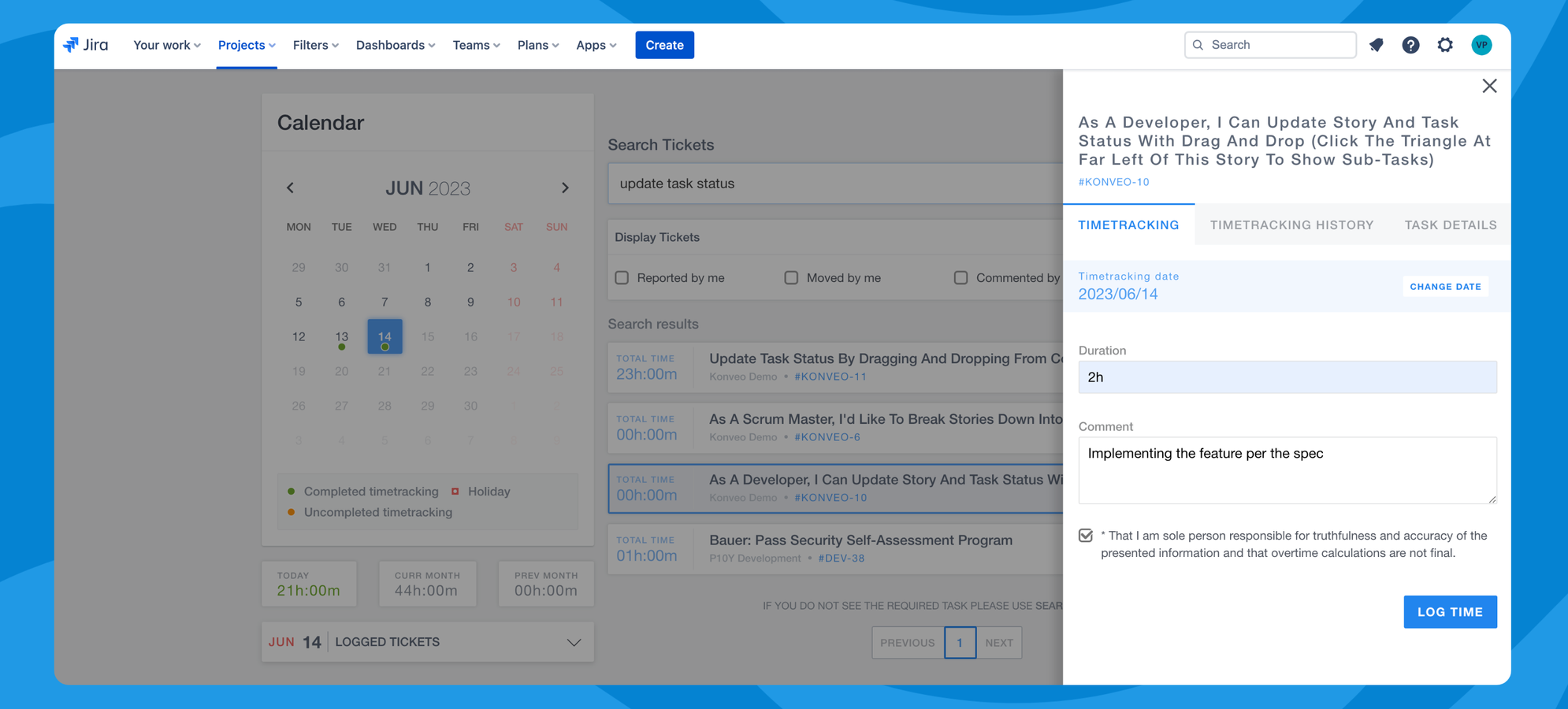 Unlock Efficiency: Konveo's intuitive dashboard offers a one-stop view of all your tasks, enabling effortless time logging without the hassle of navigating through multiple tickets.