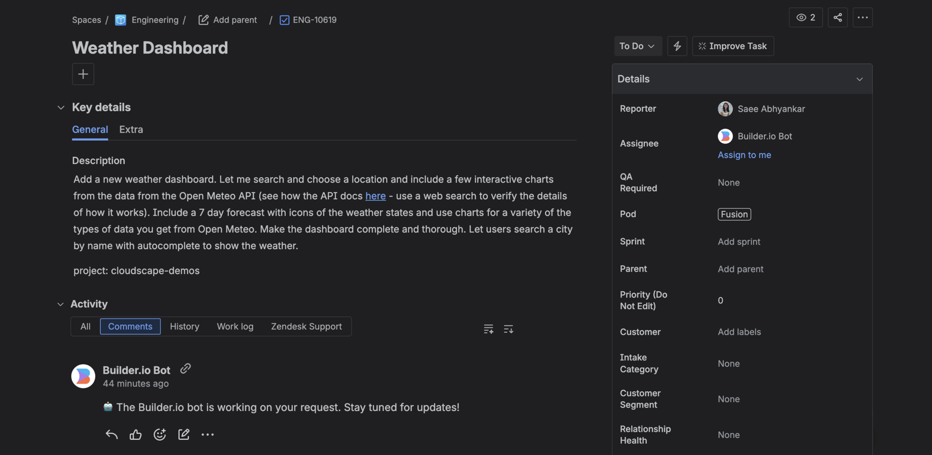 A Jira ticket for building a weather dashboard. The ticket is assigned to 'Builder.io Bot'. The Builder bot has commented on the ticket letting the user know it has started its work.