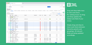 Drag and drop table rows to rank work items. Re-ranking via drag and drop updates the Global rank (LexoRank) field of your choice.