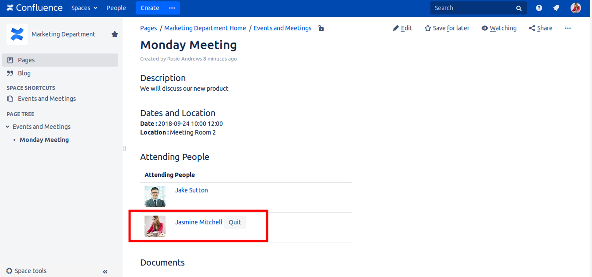 An event or meeting page is created