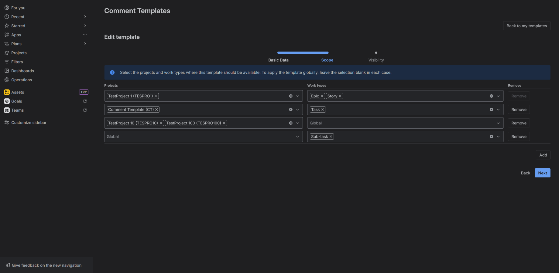 Template scope settings for projects and issue types