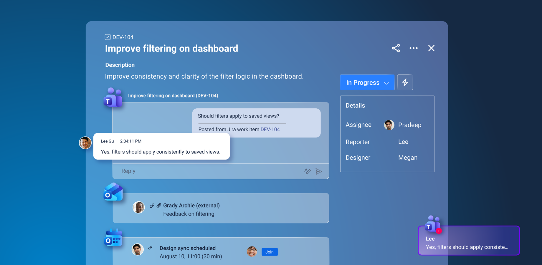 Give every work item its communication context. Across teams and workflows, communication stays connected to the Jira work item or JSM request.