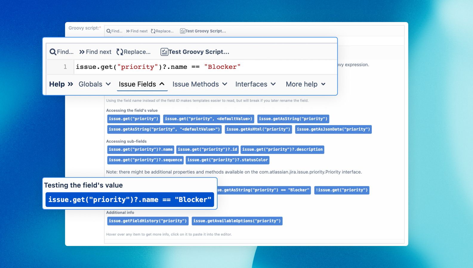 Click your way through Groovy scripting, with syntax highlighting & on-the-fly syntax checking. You can also test your script against an issue so that you can debug it & make changes without having to publish a workflow.